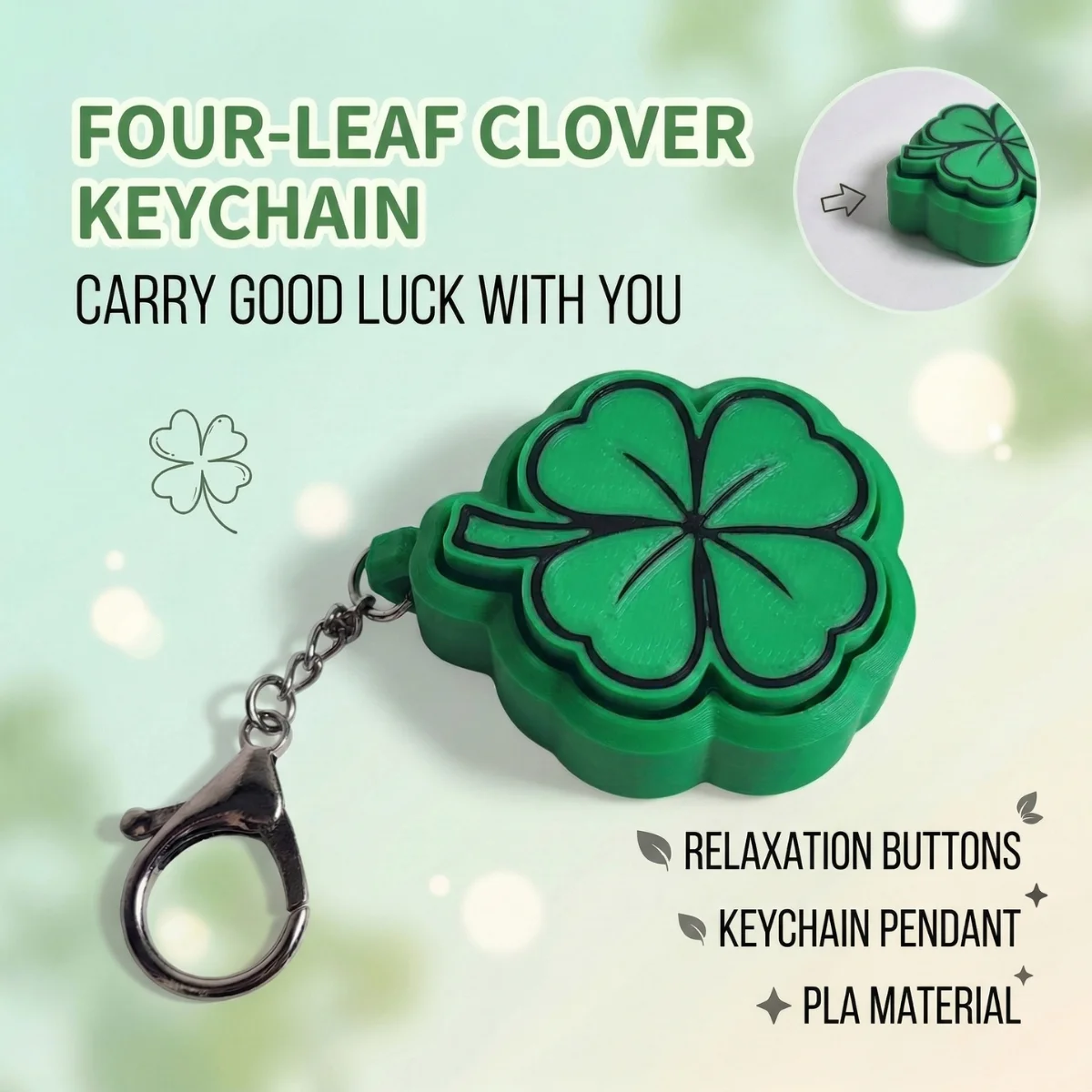 Four-Leaf Clover Clicker Fidget Keychain, Stress Relief ASMR Sensory Toy 6.1cm 3D Printed PLA
