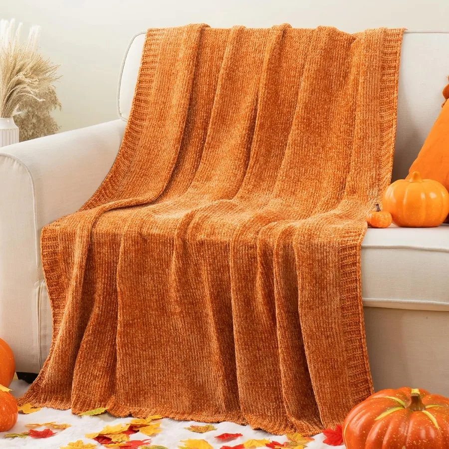 

Orange Chenille Throw Blanket for Fall Decor: Soft Cozy Pumpkin Color Knit Throw Blanket Perfect for Living Room Bedroom or Sof