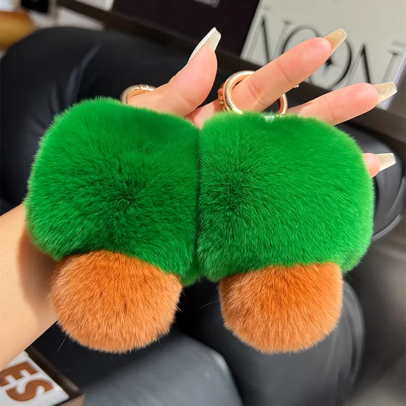 Porte-clés de voiture en vraie fourrure de lapin, petit arbre mignon, boule en peluche verte, poupée, sac à dos, pendentif de sac
