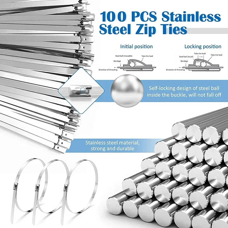 100PCS Stainless Steel Cable Ties, Self-locking High Temperature Resistant Metal Cable Ties, Buckle Type Wire-wound Locking Tool