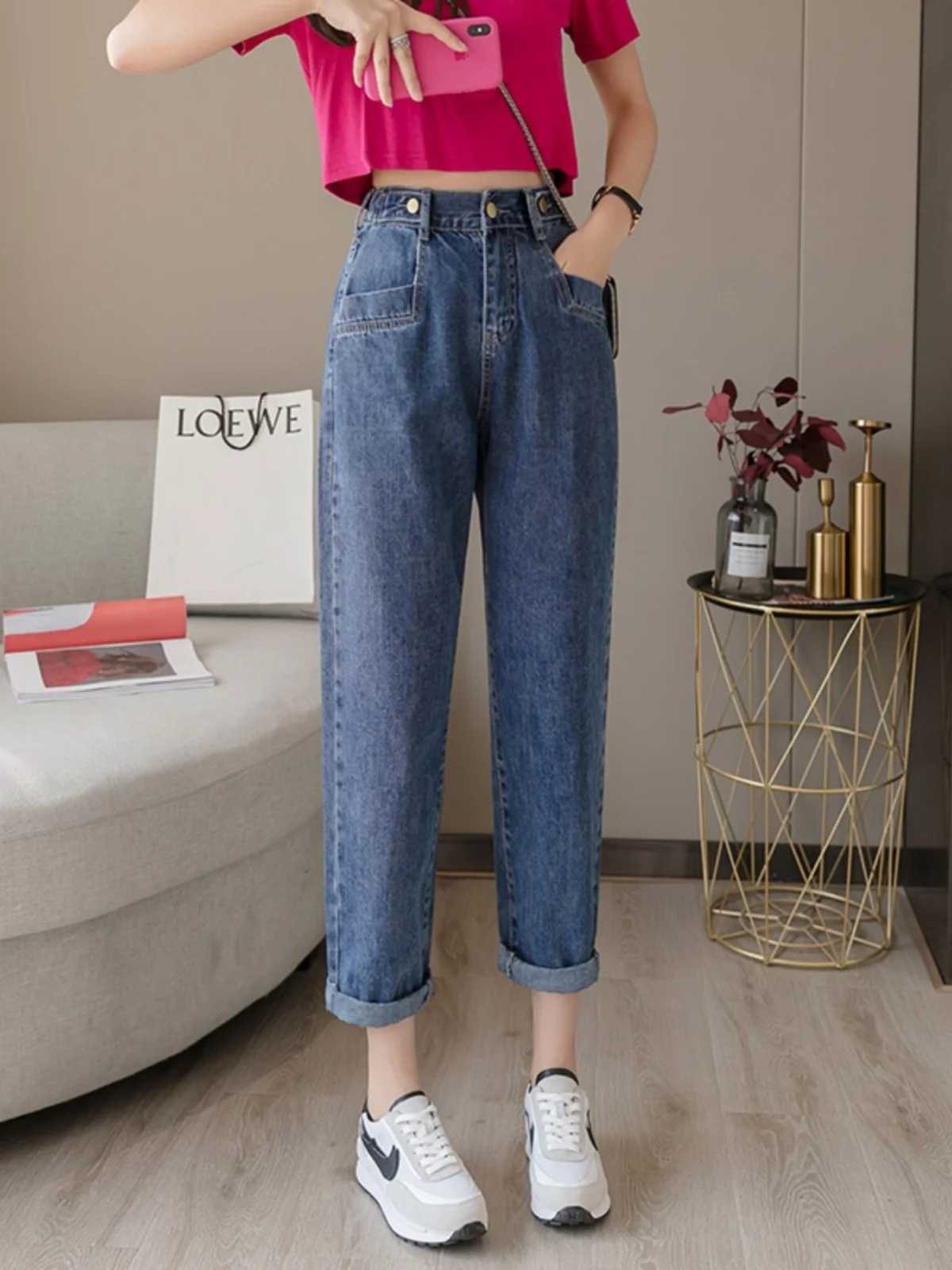 Slim Fit Cintura Alta Harlan Azul Denim Jeans Feminino Primavera Faion Dezoito Orbs Elástico Cintura Pequena Estatura Amigável