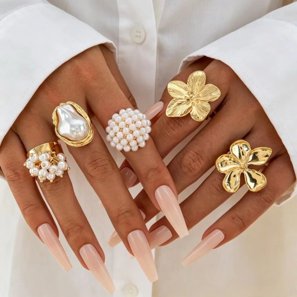 3/5Pcs Vintage Metal Starfish Open Ring Set Conch Gold Color Finger Open Rings Adjustable Stackable Geometric Rings Summer