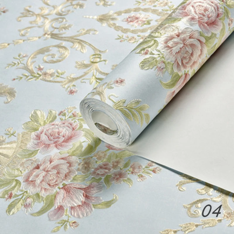 European Style Non-Woven Wallpaper 3D Floral Printed Wall Paper Self-Adhesive Waterpoof Stickers Livingroom Ornament Home Decor