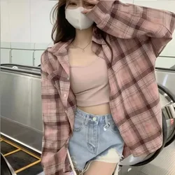 Pink Spring POLO Collar Plaid Shirt Coat Women Summer Mid Length Version Long Sleeved Loose Contrasting Colors Affordable Tops