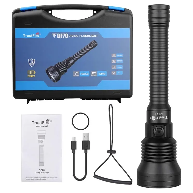 TrustFire Hunting Flashlight 3600LM 1050M Beam IPX8 Waterproof 70m Underwater Diving LED Torch USB-C Rechargeable for Camping