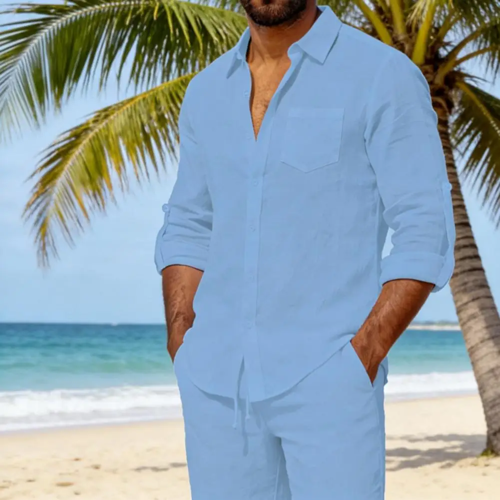 Casual Men Shirt Men Vacation Shirt Men's Long Sleeve Button-down Shirt Casual Loose Fit Solid Color Top Summer Beach Vacation