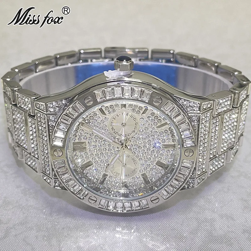 Imagem -03 - Missfox-relógio Hip Hop para Homens Quartzo Impermeável Gelado Relógios de Diamante Marcas de Luxo Relógios de Pulso Compras Gratuitas