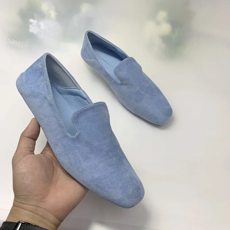 

2026 New Elegant Soft Suede Loafers Women's Premium Square Toe Slip-On Flats Light Blue Casual Versatile Daily for Office style