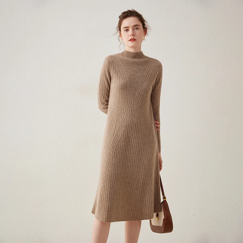 High-end Autumn Winter New 100% Cashmere Long Sweater Dress Women Knitted Dresses Female Fashion O-Neck Elastic 4Colors Pullover