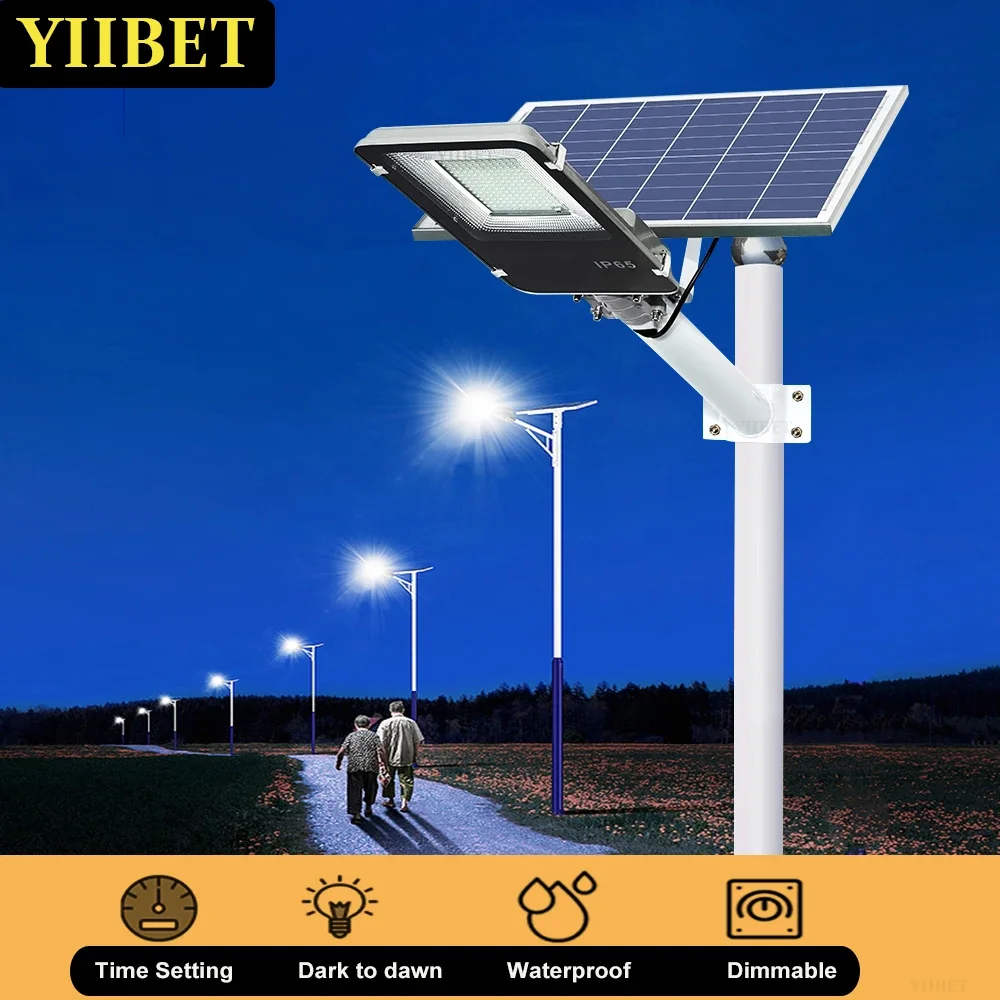 yiibet poste de iluminacao solar de rua 200w 100w sem fio a prova dagua com controle remoto e entrada 01