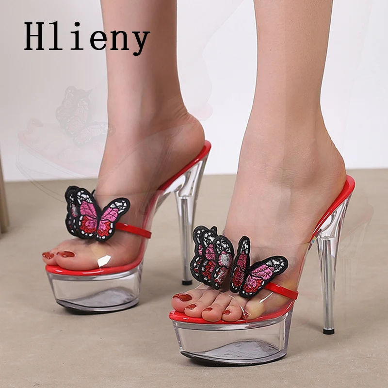 Hlieny Street Style Platform Butterfly-knot Slippers Clear Crystal Stiletto High Heels Women Sandals Sexy Nightclub Prom Shoes