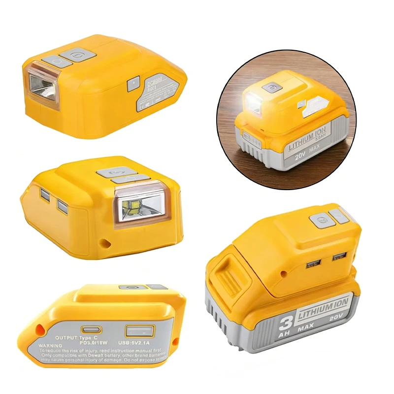 Replacement DCB090 Battery Adapter for Dewalt 18V 20V Max Lithium Battery USB Converter Power Source Supply with LED Work Light