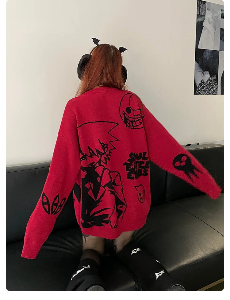 2024 Autumn Winter Y2k Women Jumper Sweater Harajuku Cartoon Knitted Red Sweater Men Loose Oversized Rock Hip Hop Rap Pullover