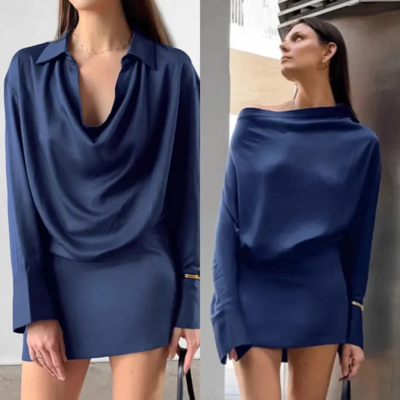 

Elegant French Blue Cowl Neck Long Sleeve Bodycon Dress Women’s Autumn Winter Satin Waist Dress Casual Office Dress For Women