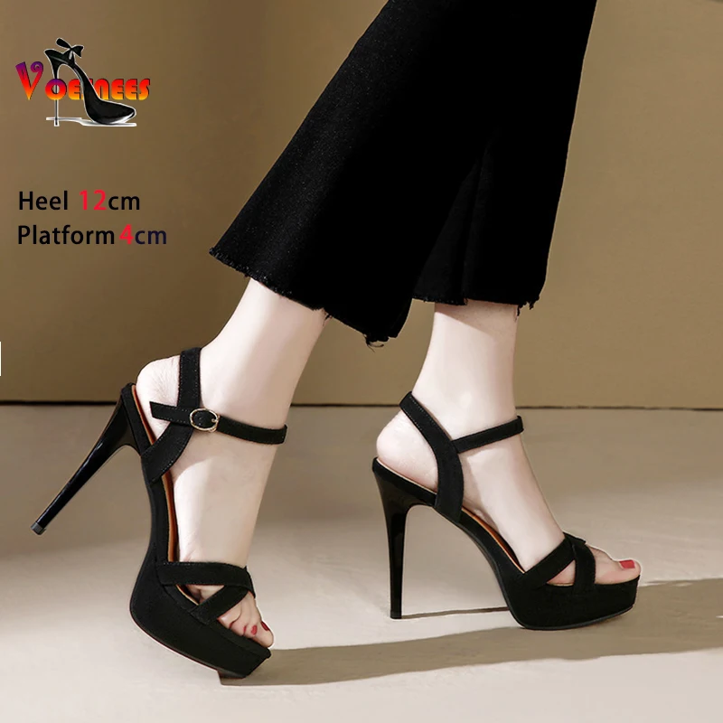 Fashion Party High Heels 12CM Faux Suede Ankle Buckle Strap Sandals Sexy Cross-Band Black Women Shoes Summer Platform Stilettos