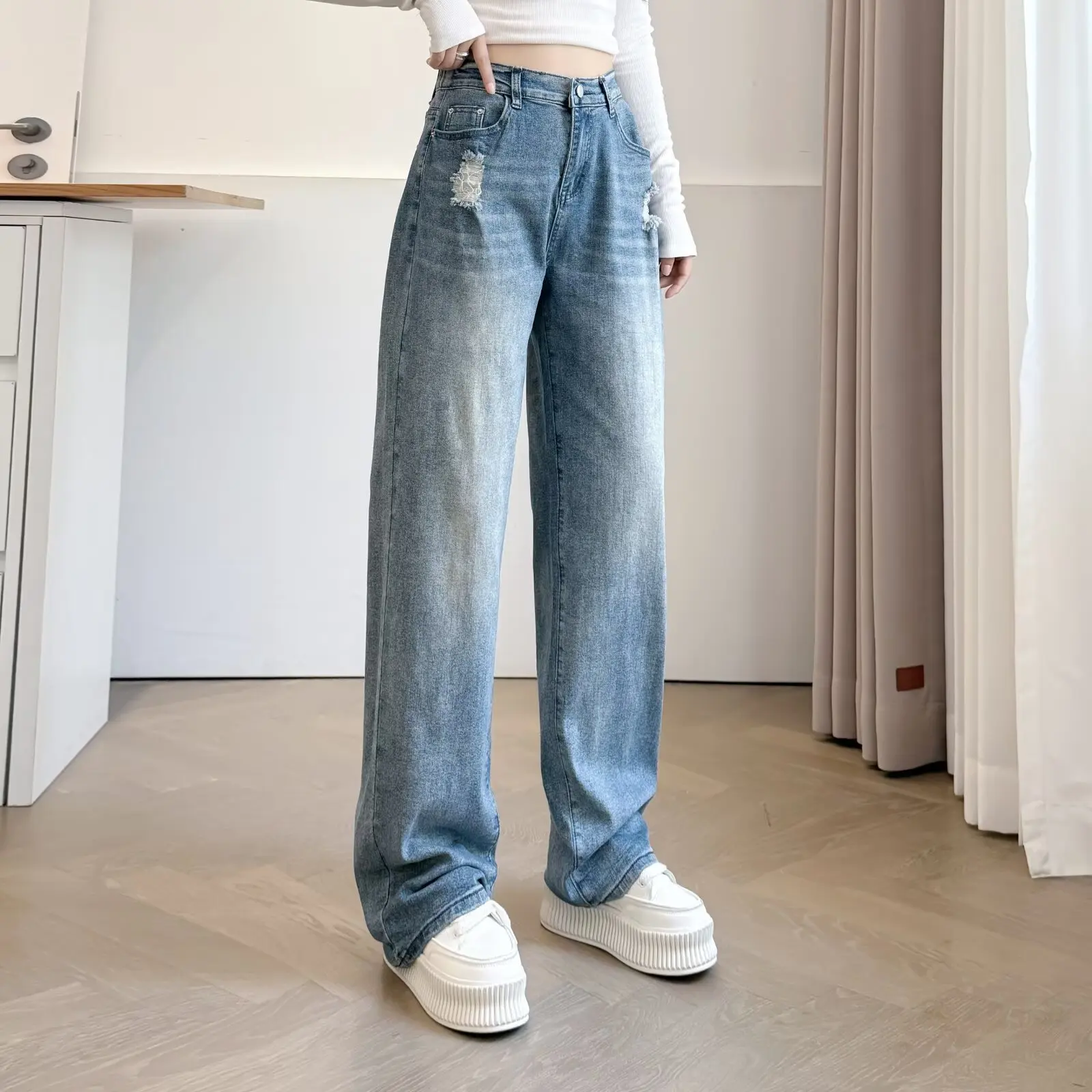 XXXXL موضة حجم كبير جينز نسائي جديد الخريف مستقيم الساق السراويل مع ثقوب و عادية غسلها الدينيم كامل طول بنطلون 2570