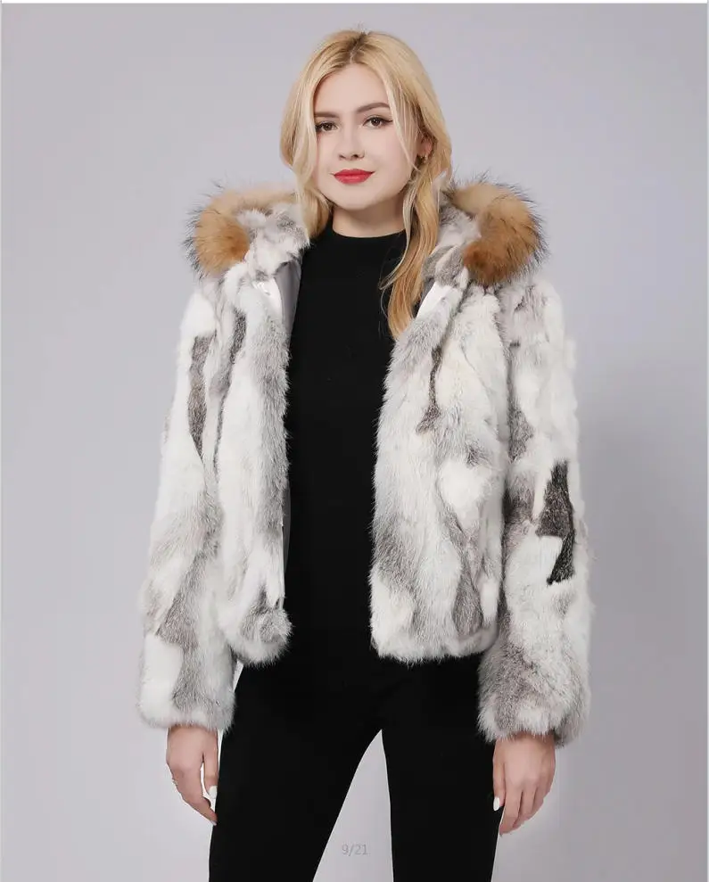 New Hooded Women's Real Rabbit Tur Coat Warm Winter Natural Color Women's Jacket Drand Hot-Selling Outerwear