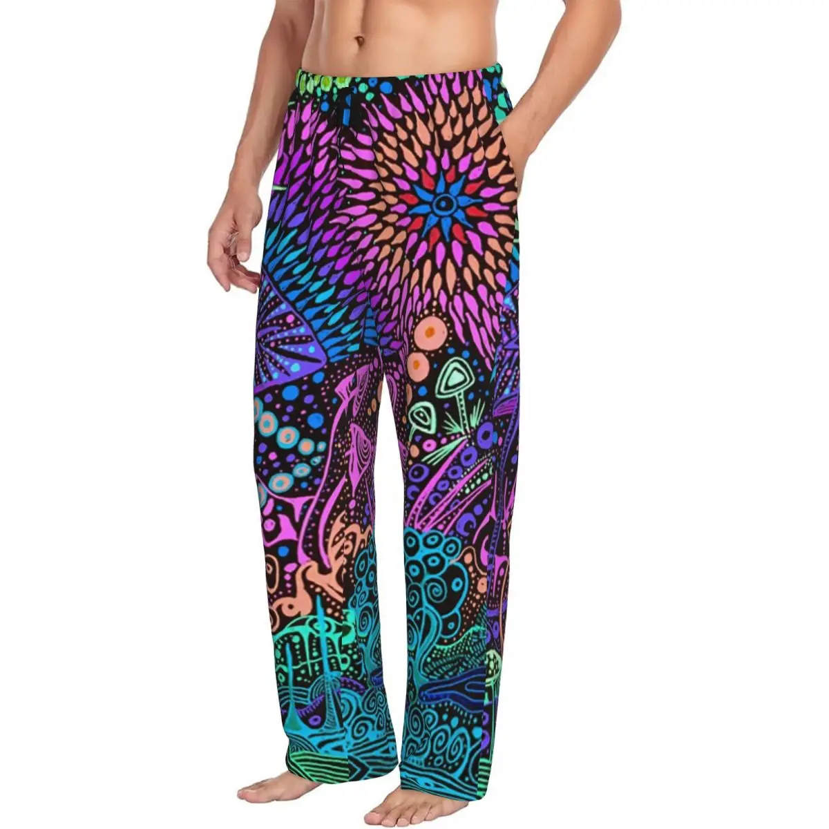 Custom Printed Magic Mushroom Trippy Psychedelic Neon Pastel Goth Pajama Pants for Men Sleep Sleepwear Bottoms with Pockets