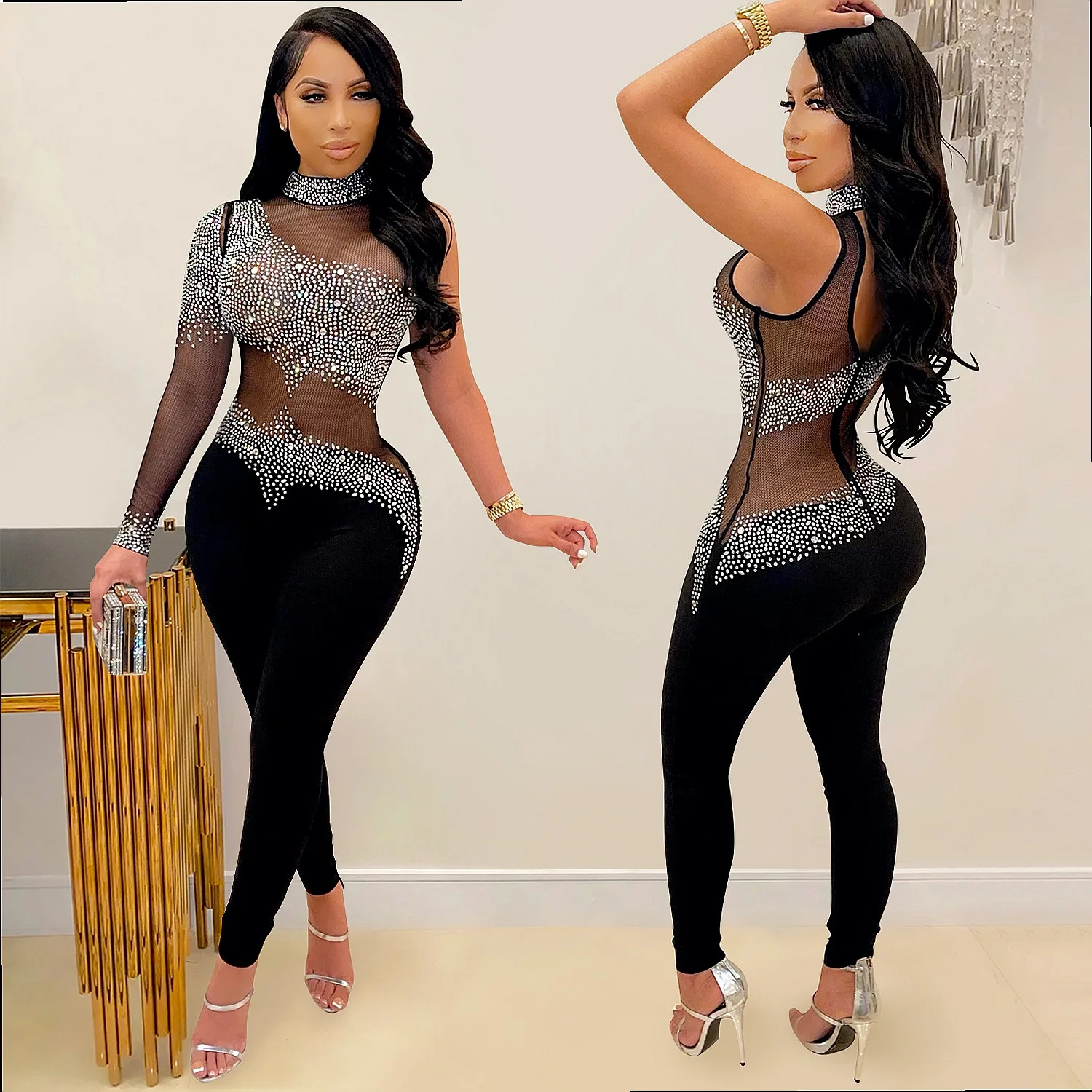 Sexy Sheer Mesh Rhinestone One Shoulder Jumpsuit Women Clubwear Party Outfit Rompers Playsuits