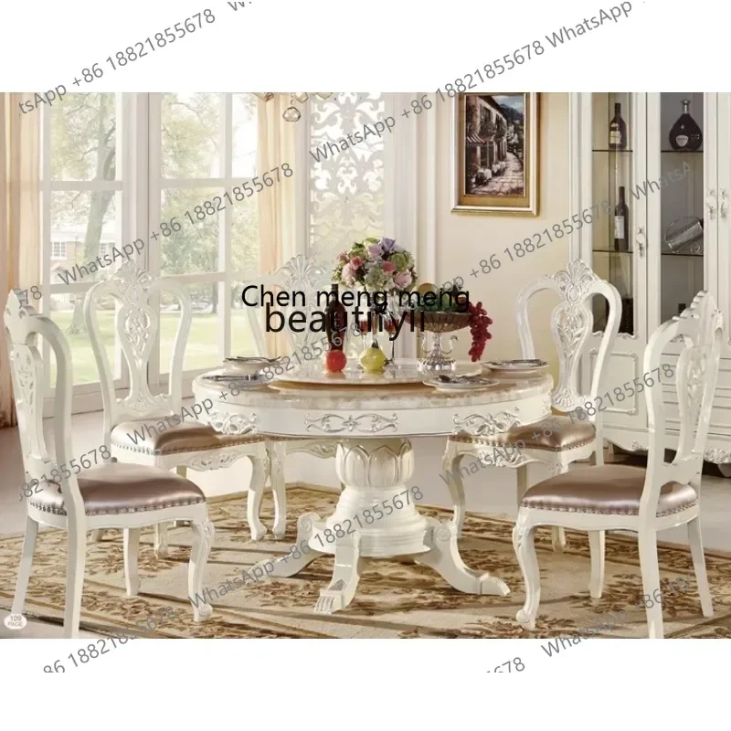 178European dining table and chairs combination full solid wood carving flower 1.3 meters round table pearl white paint2936