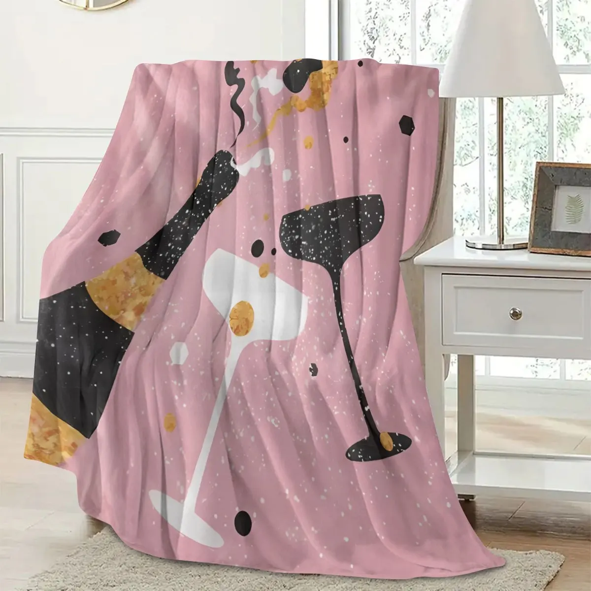 Cozy Champagne Glass and Bottle Pattern Throw Blanket Pink Sofa Decor Wine Celebration Plush 150x200cm