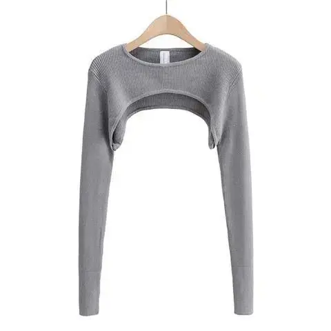 Sweet And Spicy Long Sleeve Ultra-Short T-Shirt Women's Spring Autumn New round Neck Pure Color Versatile Sleeve Cover Outerw...