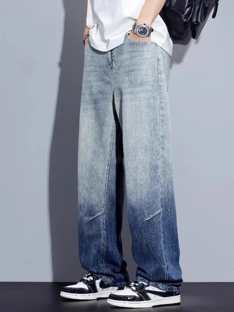 

American Retro adient Blue Lyocell Men's Summer Thin Straight Leg Long Jeans Casual Wide Leg Pants Youth Trend Loose Fit