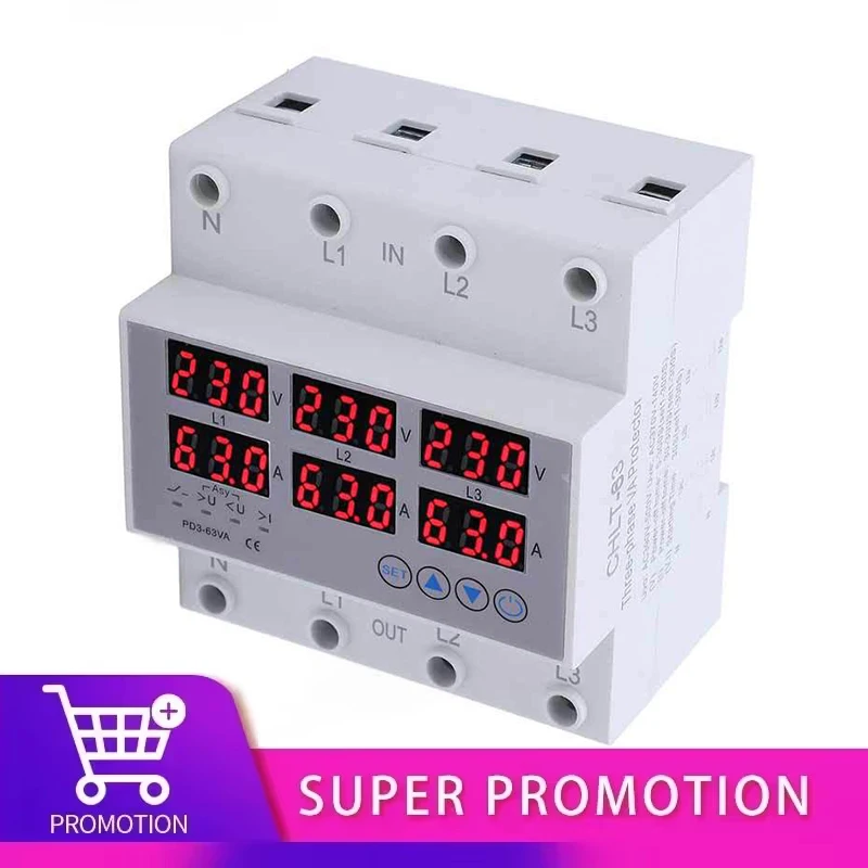 3 Phase 3P+N 63A Din rail Voltmeter Ammeter adjustable Over and Under Voltage current limit protection Monitor Relays Protector