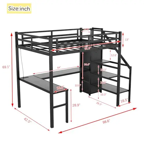 Twin XL Loft Bed with L-Shaped Desk and Storage Stairs, Metal Loft Bed with Wardrobe and USB Charging Station, High view 3