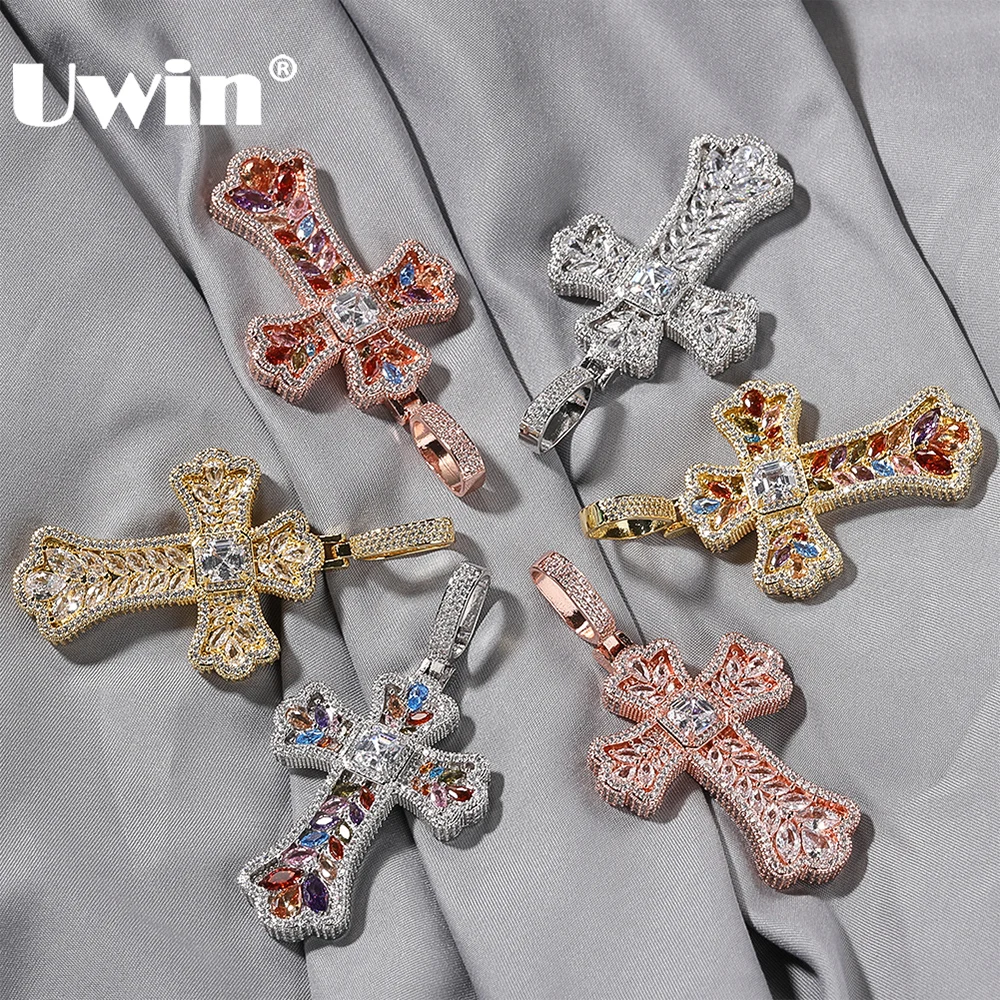 

UWIN Colorful Baguettecz Cross Pendant Necklaces for Women Iced Pave Setting Cubic Zirconia Charms Hip Hop Jewelry for Gift
