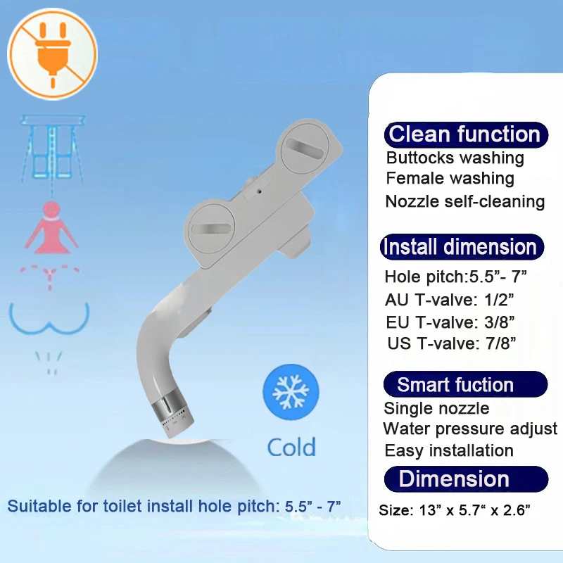 WETIPS No Electric Toilet Bidet Shower Attachment, Single Nozzle, Feminine & Rear Wash Self-cleaning , Left or Right Handle