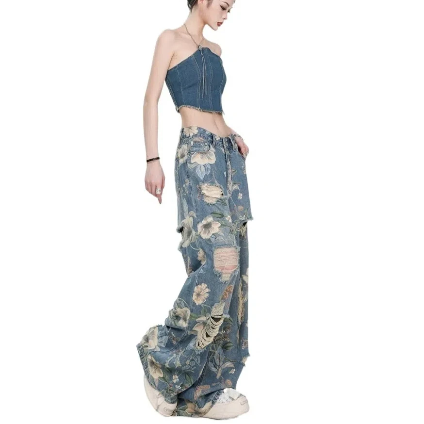 

Elegant Floral Jeans Women Y2K Ripped Ins Broken Hollow Pants High Waist Baggy Straight Denim Trousers Spring Autumn