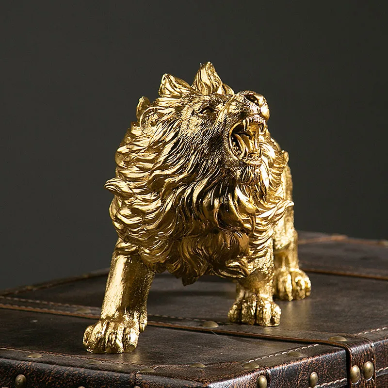 NORTHEUINS Resin Golden The Lion King Figurines for Desktop Luxury Animal Ornaments Home Living Room Office Decor Objects Crafts