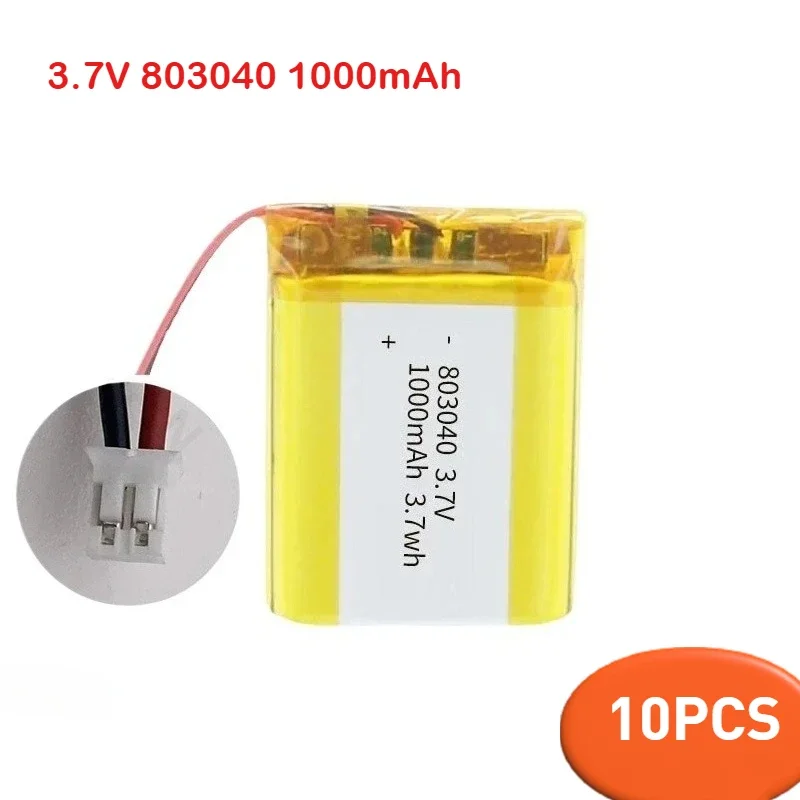 10pcs 803040 3.7V 1000mAh Lithium Polymer Battery for MP3 DVD GPS DVR Player Navigator Speaker Electric Li-ion Tool+PH2.0 2pin