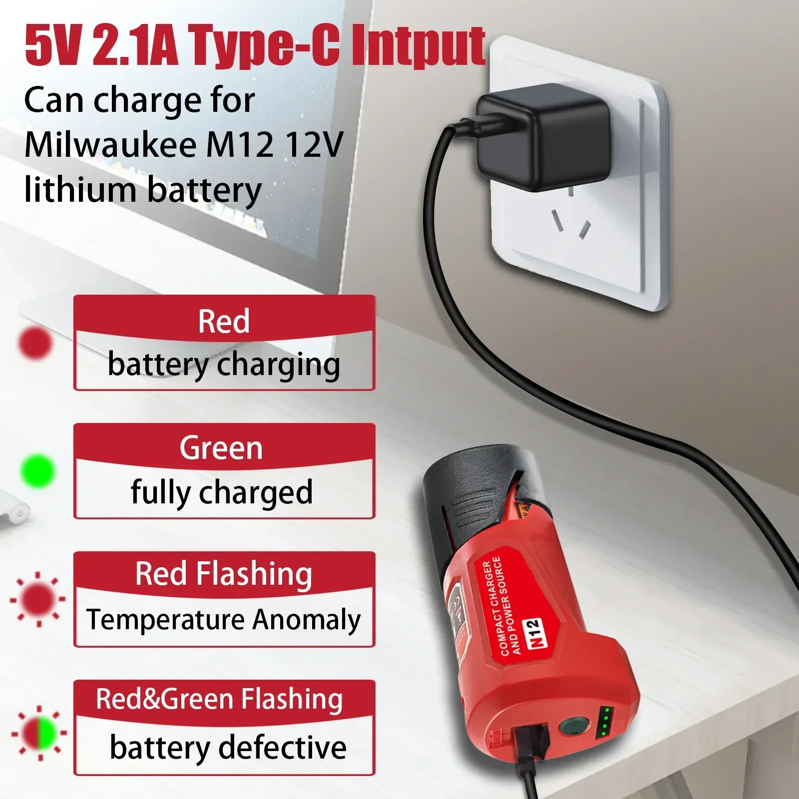 Przenośna ładowarka sieciowa kompatybilna z akumulatorem litowo-jonowym Milwaukee 12 V New M-12 z portami USB i DC — zdjęcie produktu 5