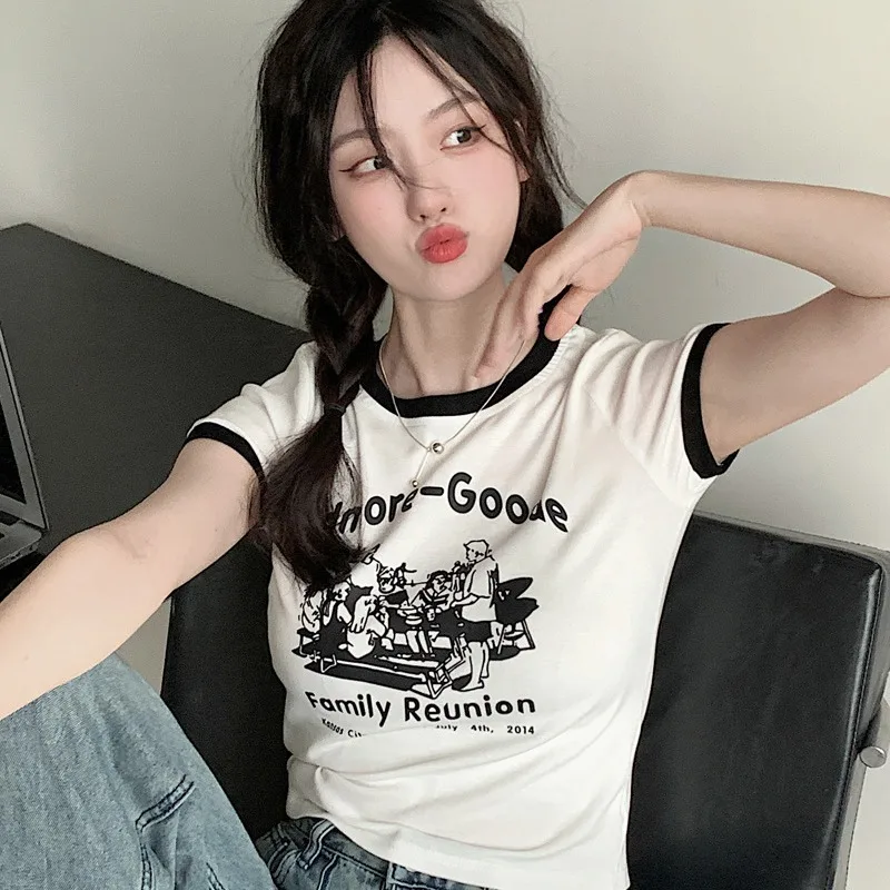 

Sweet And Spicy Printed T-Shirt Slim Fit And Slimming Short Style, Contrasting Color Round Neck Short Sleeved Student Top