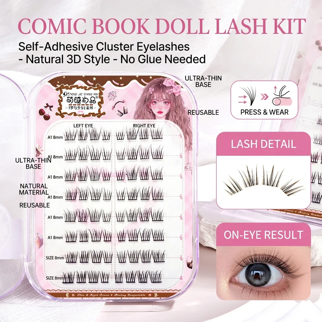 Soft Comic Segemented Eyelashes No-glue Needed Self-Adhensive Lash Books Korean Girls Group Style Induvidual False Eyelashes