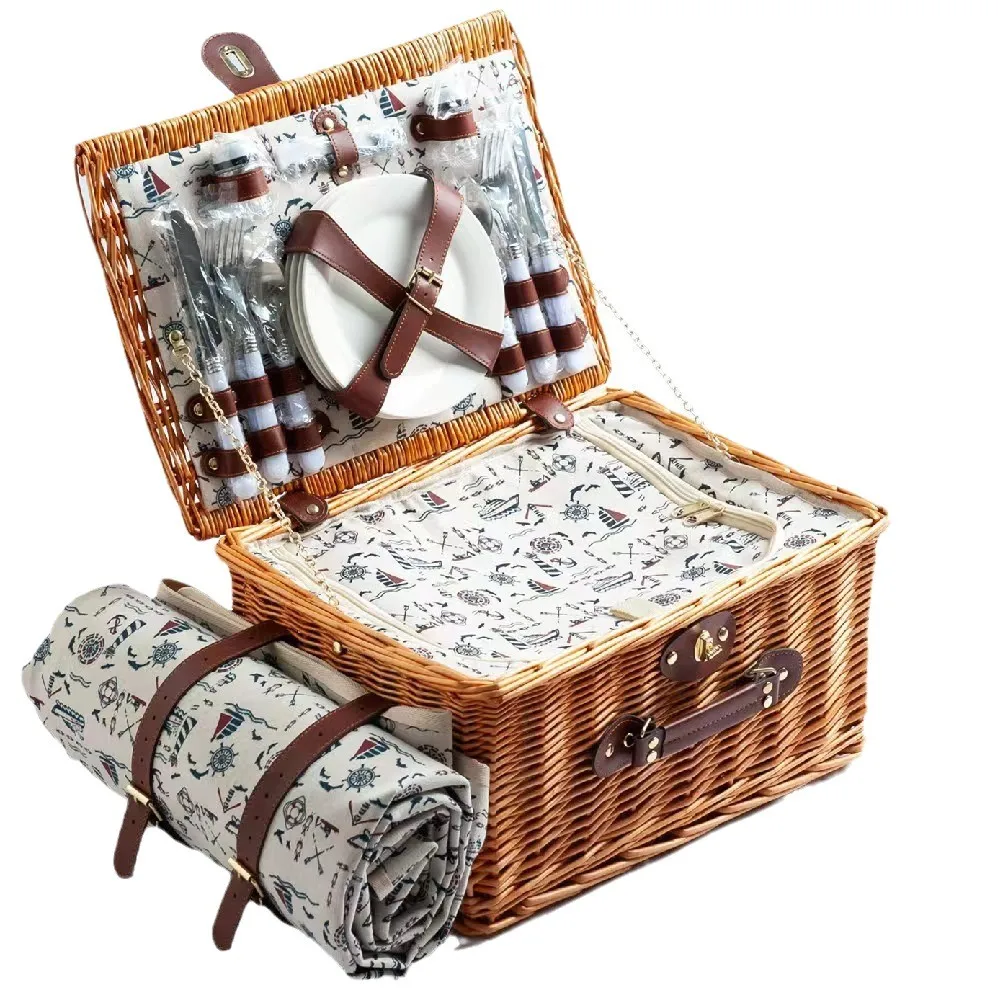 Wicker Picnic Basket for 4, Large Willow Picnic Hamper with Tableware & Portable Carry Handle for Camping, Outdoor & Travel view 5