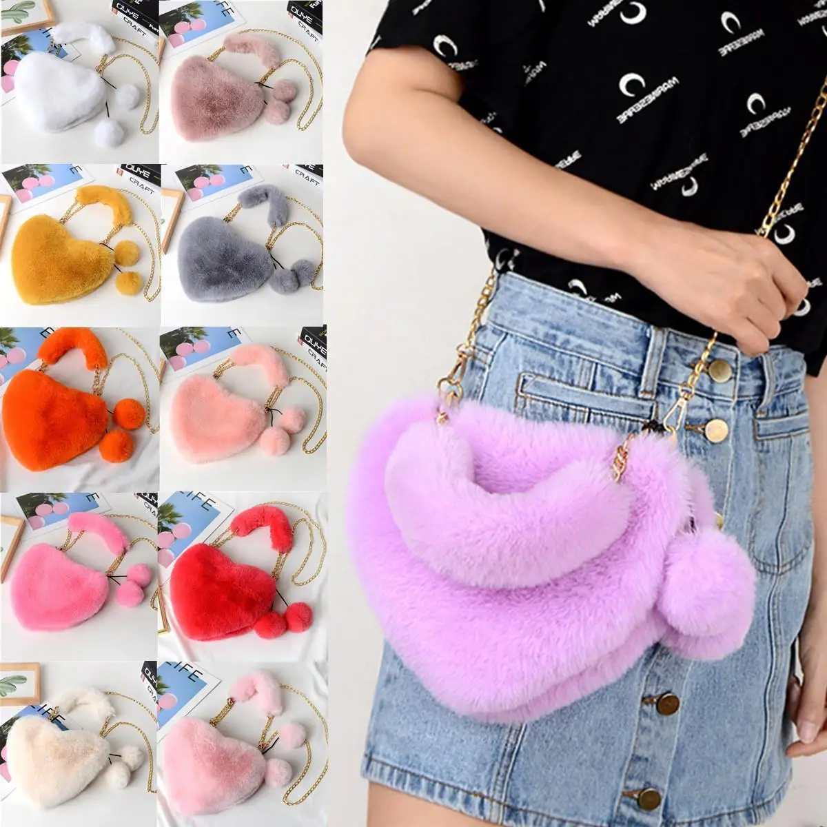 Heart Shape Winter Bag Women Plush Clutch Fashion Faux Fur Totes Underarm Handbags Party Shoulder Bags Female 2023 Hand Purse