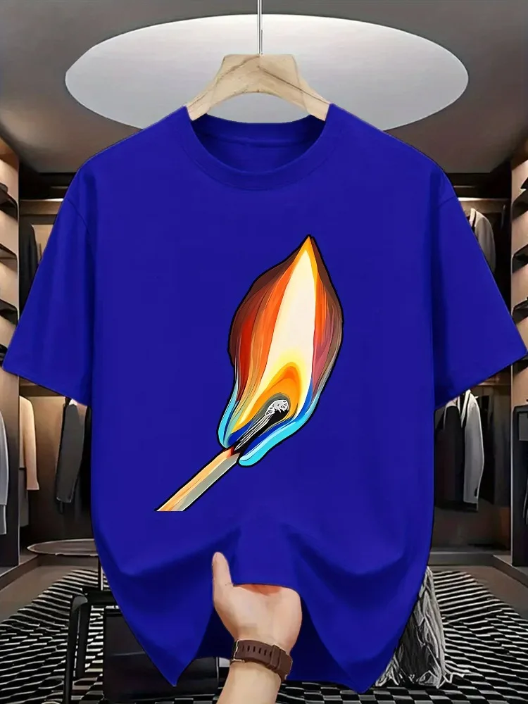 Summer Male Casual Grey T Shirt Abstract Burning Match Art Print Soft Cotton Short Sleeve Minimalist Fashion Loose Top