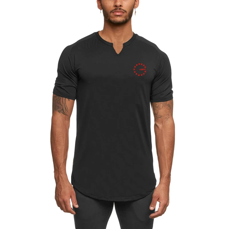 Men's Quick Dry V Neck Running T-Shirt Breathable Athletic Longline Tee Gym Workout Moisture Wicking Sports Top Performance Gear