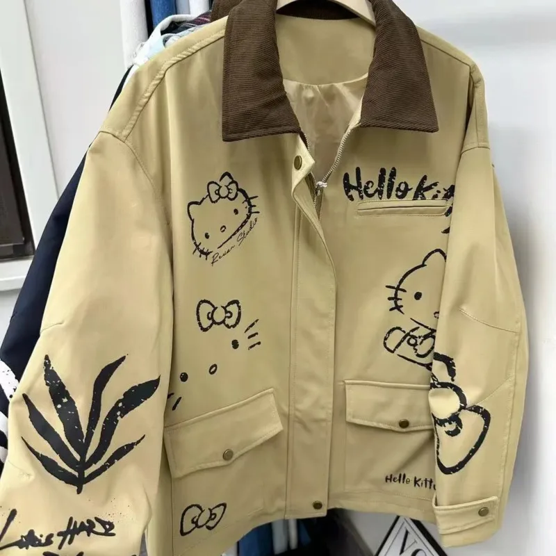 

Miniso Patchwork Hellokitty Vintage Jacket Women Turn-Down Collar Streetwear Parkas Anime Print Casual Coat Oversized Outerwear