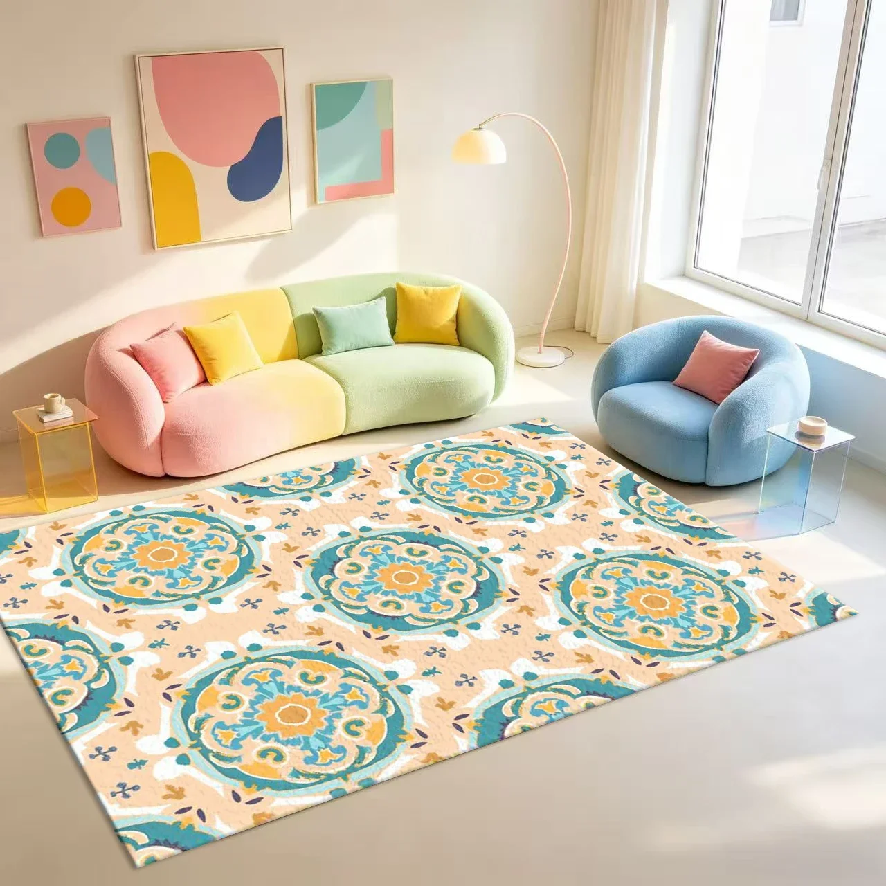 Peach-Colored Background with Teal and Yellow Gorgeous Pattern Carpet Flooring Bohemian Style Seamless Pattern Home Decor Carpet