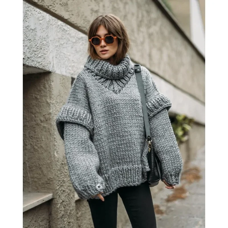 Women's Solid Color Knitted Sweater 2023 Autumn Winter Pullover Sweater Women's Casual Long Sleeve Turtleneck Loose Sweater Top 2