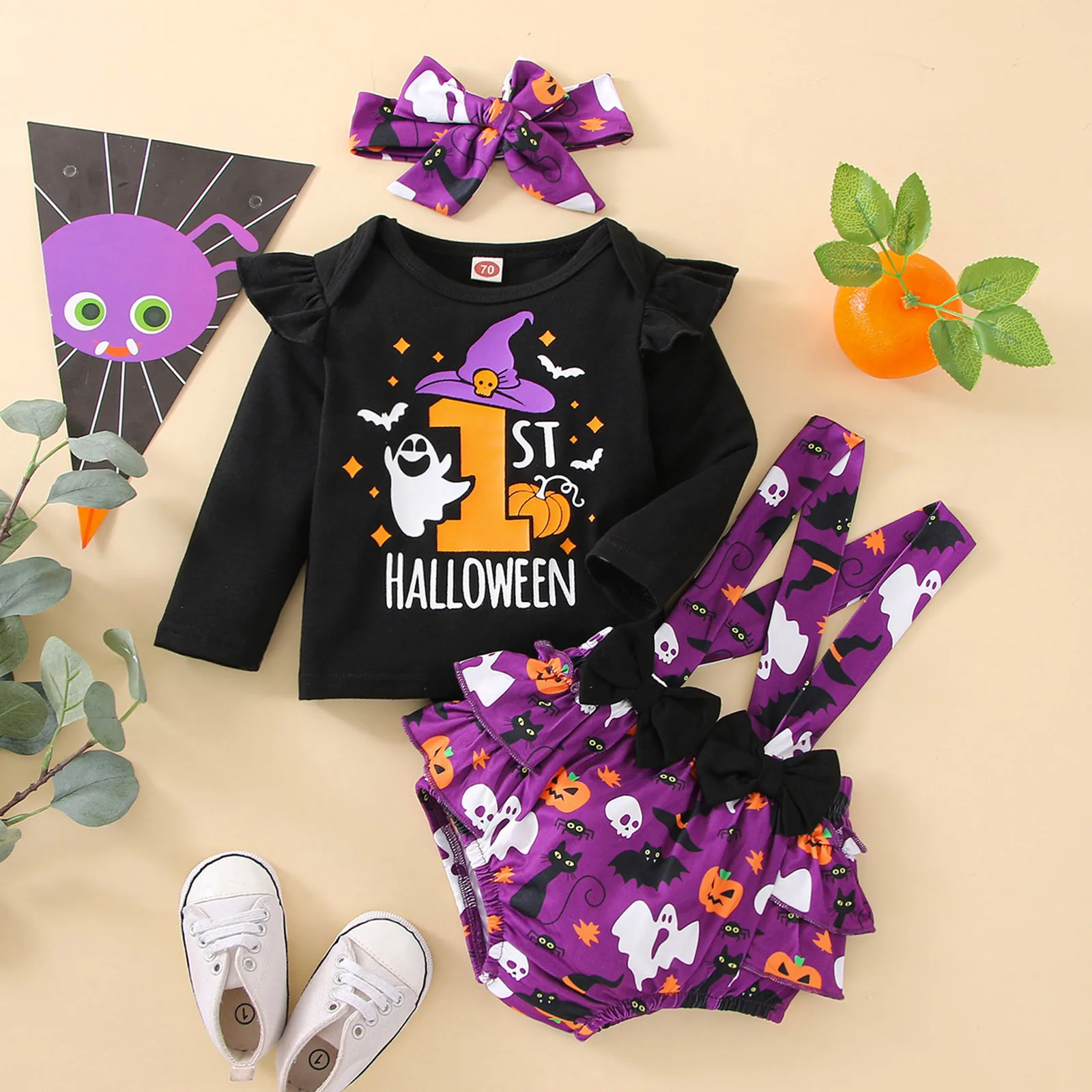 3Pcs Infant Girls Clothes Sets Pumpkin Print Long Sleeve Tops+Suspenders Shorts+Headbands My First Halloween Costume 3 6 12 18M