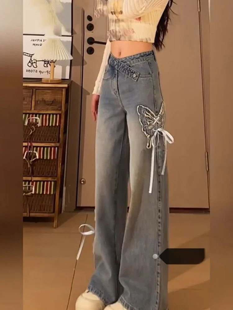 

plus Size American Embroidery Wide Leg Jeans Women's High Waist Loose Slim Straight Long Pants Spring 2026 New Style
