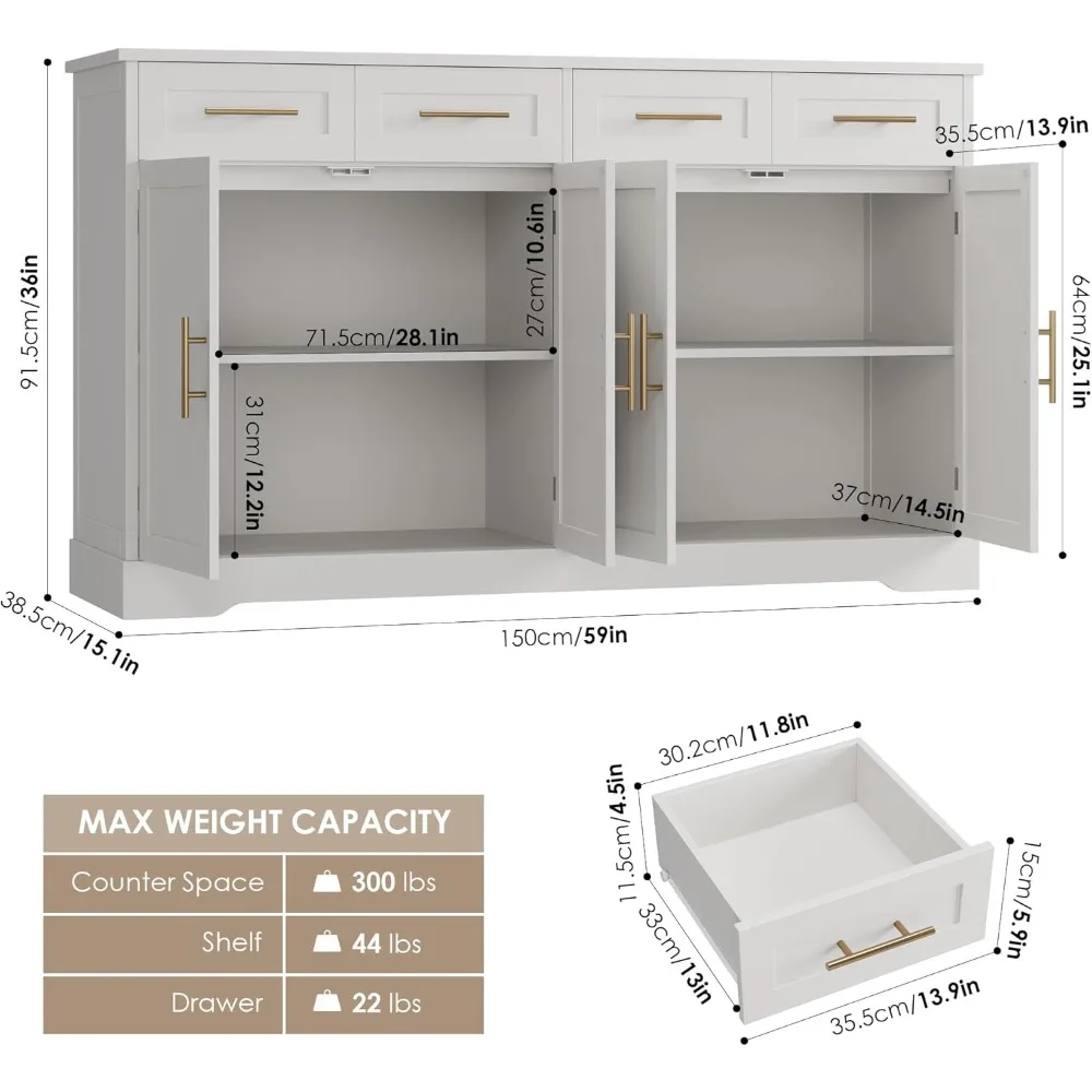 60 Large Buffet Sideboard with Storage, 36 Tall Kitchen Buffet Storage Cabinet with 4 Drawers, Modern Coffee Bar Cabinet