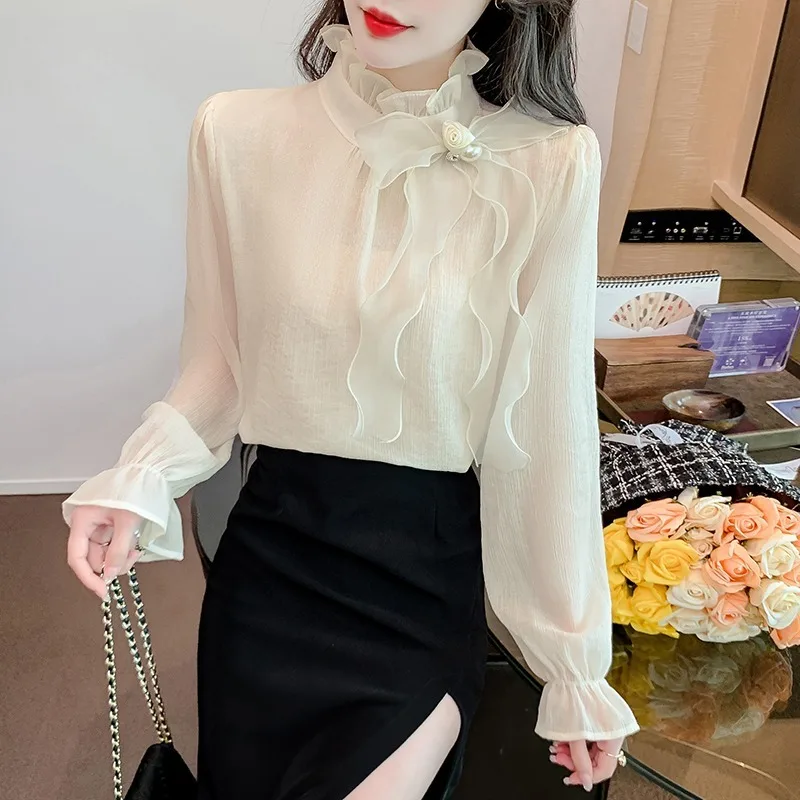 2023 Spring Autumn Basic Shirts Blouses Women Fashion Long Sleeve Elegant Office Lady Work Solid White Ruffled Chic Tops