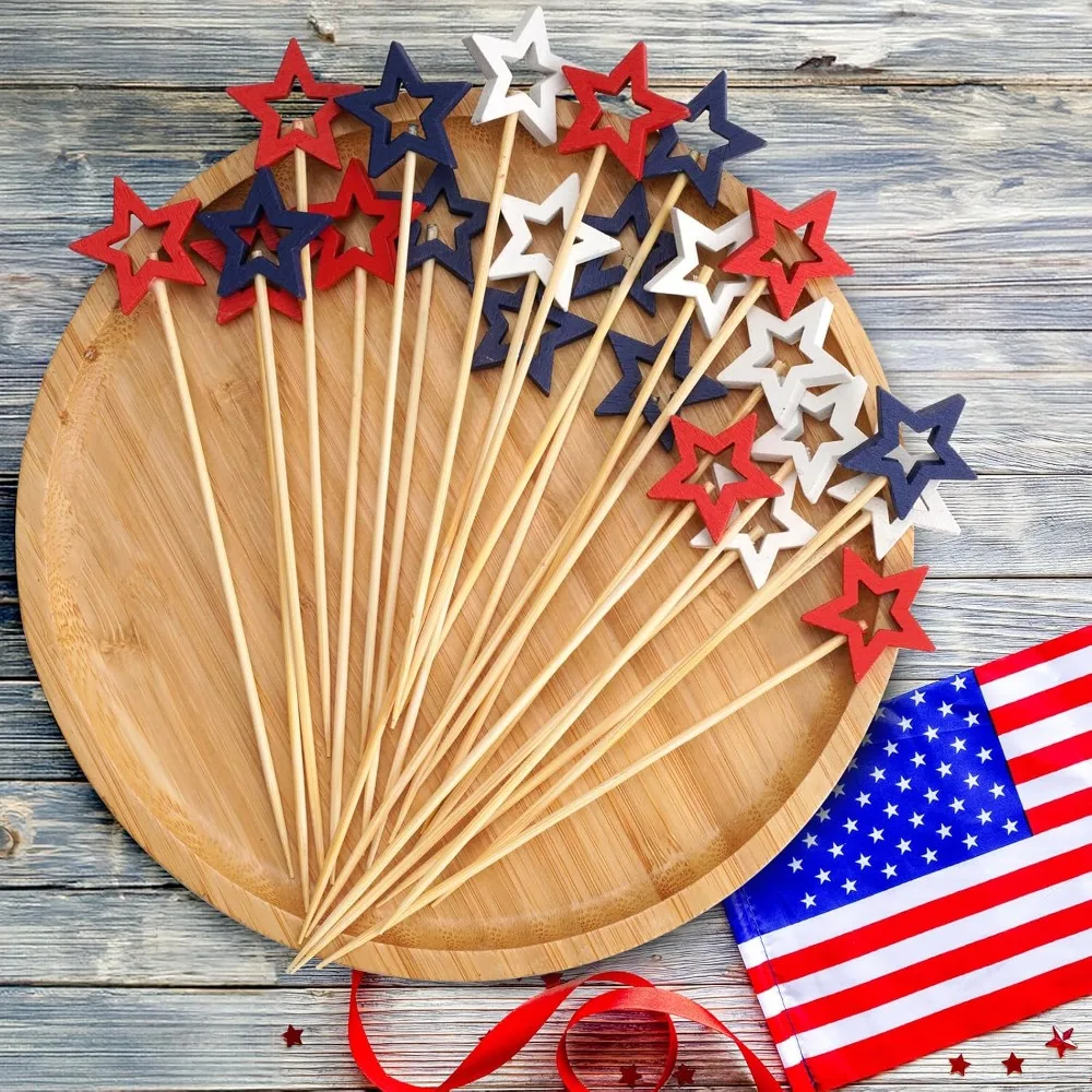 Mixed Red White Blue Star Cocktail Picks, 5.5 Inch Bamboo Toothpicks for Appetizers, Decorative Party Food Garnish Fruit Skewer Sticks 50 Counts - view 4