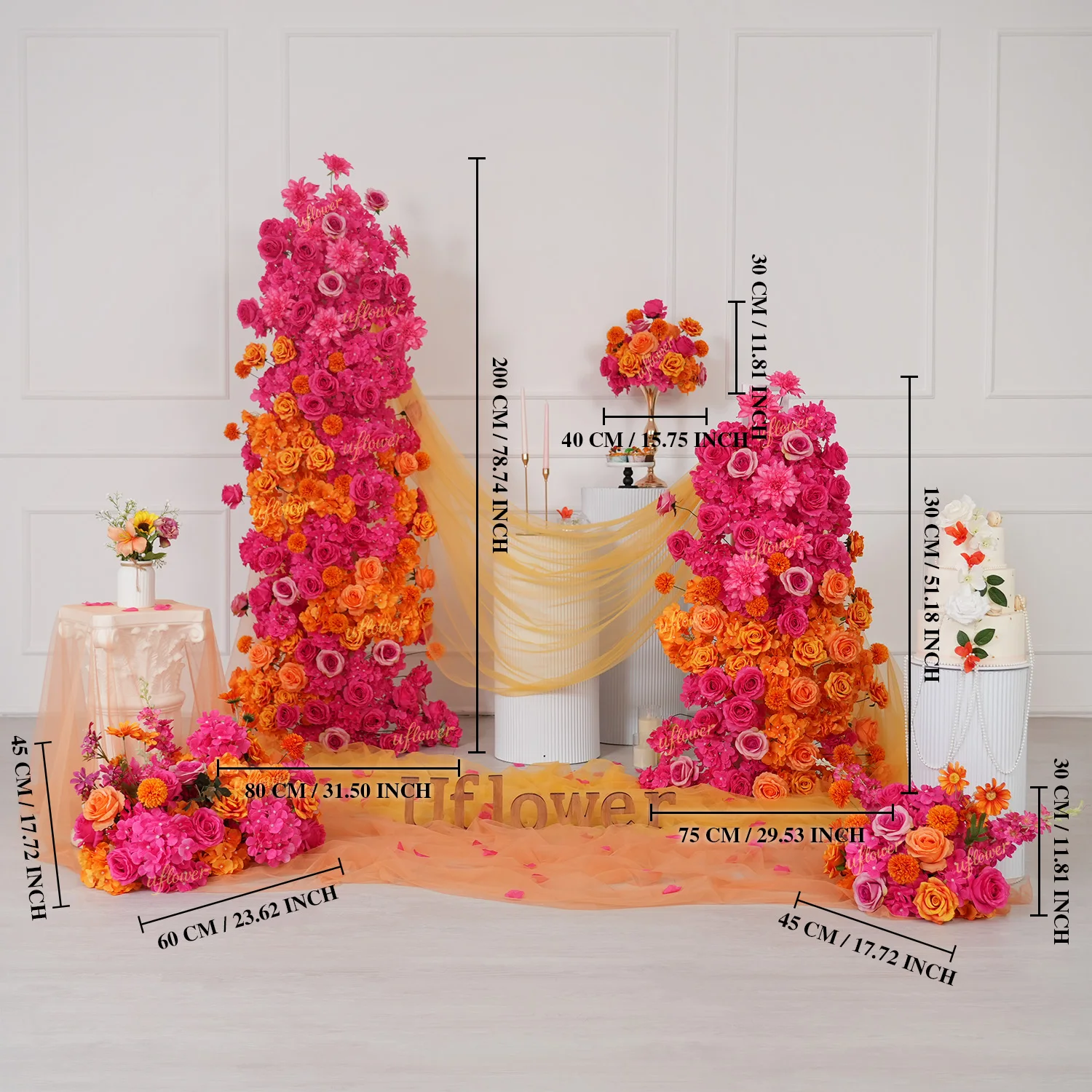 Uflower Hot Pink Orange Rose Artificial Flower Wedding Decor Sofa Runner Table Floral Arrangement Road Lead Flower Party Props view 5